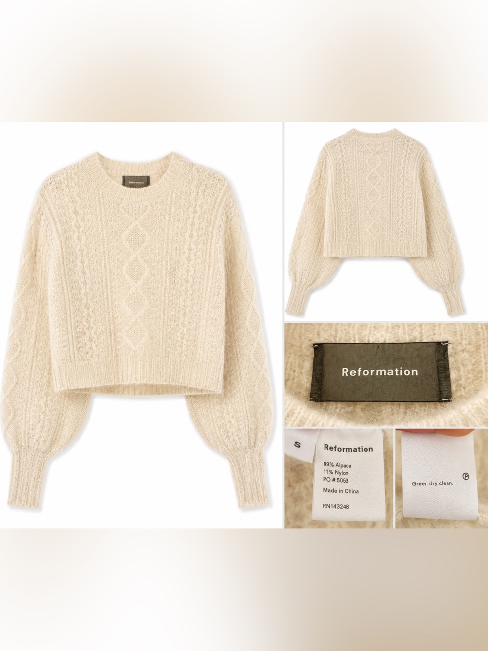 Reformation Cream Alpaca Blend Cable Knit Cropped Sweater